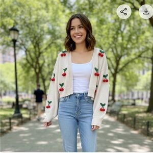 Blu Pepper Cream Cardigan with Cherry Embroidery
